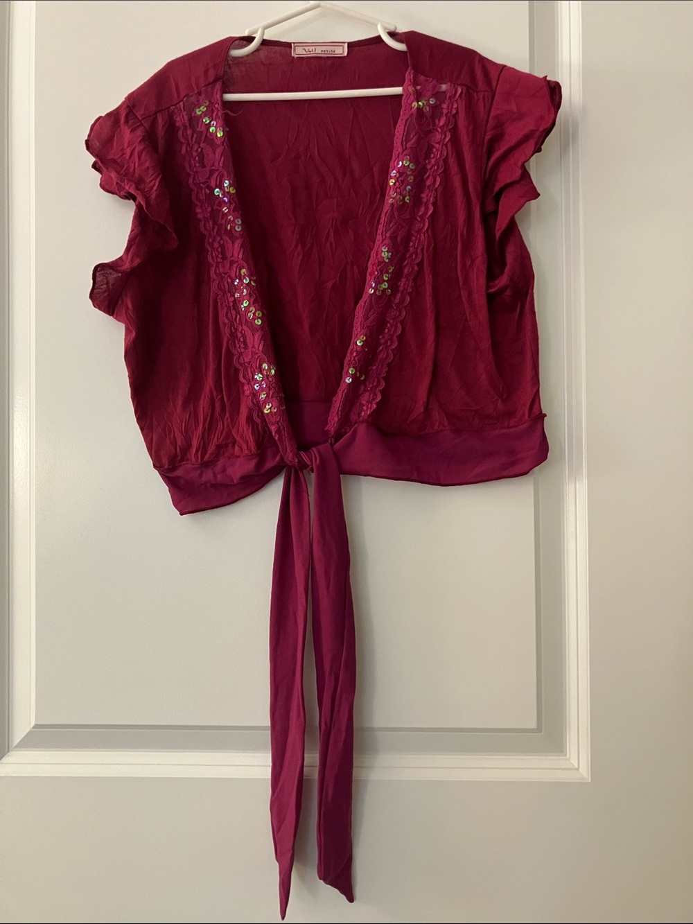 Girls Tie-Front Embroidered Flutter Sleeve Top - Deep Berry